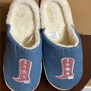 Blue Denim Slippers with Pink Boot Patch